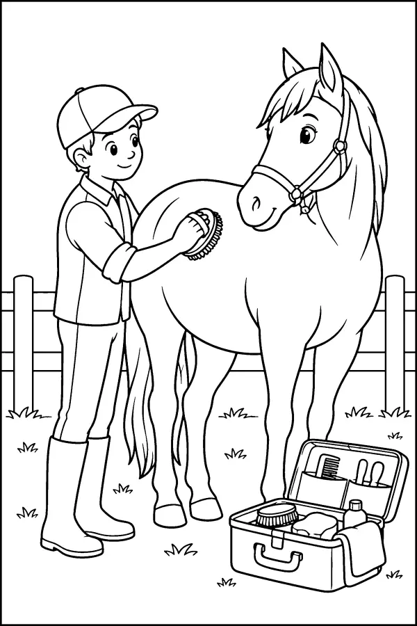 Coloriage d’un cheval pendant le toilettage
