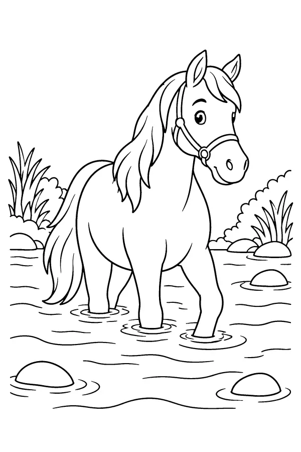 Coloriage d’un cheval dans une rivière peu profonde