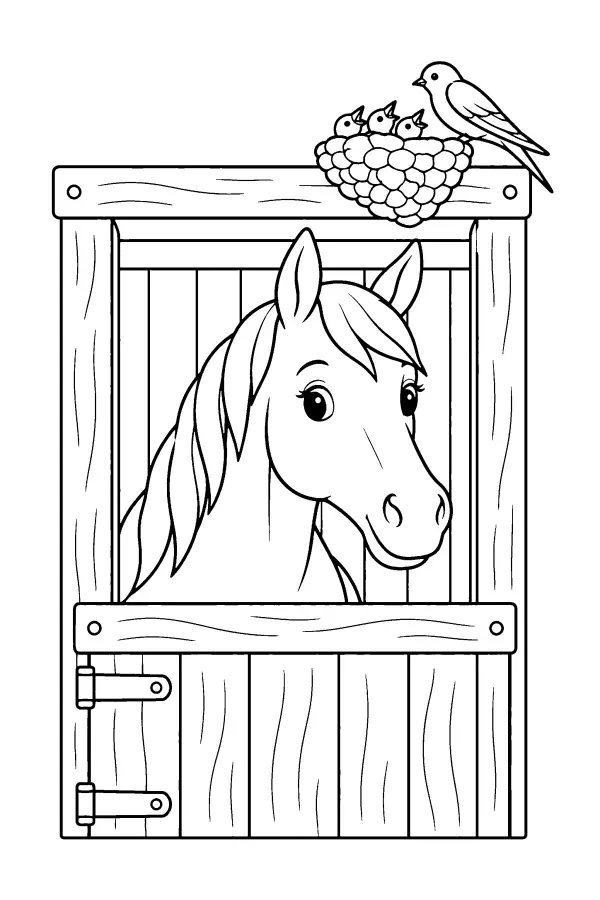 Dessin à colorier d’un cheval à la fenêtre de son box
