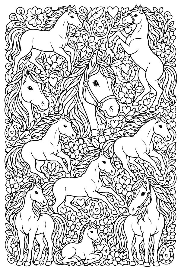 Coloriage cheval parmi fleurs, feuilles et fers à cheval