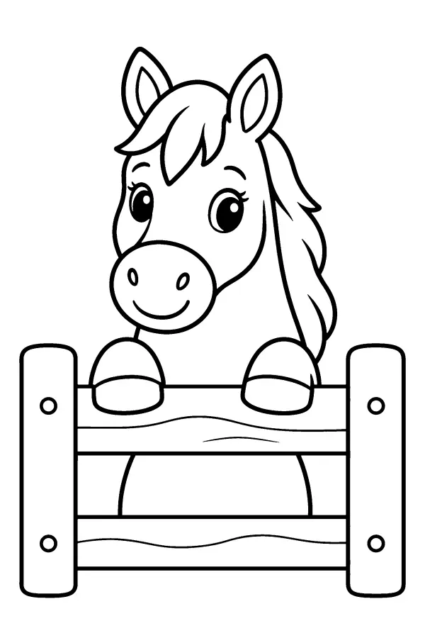 Dessin à colorier d’un cheval derrière une barrière