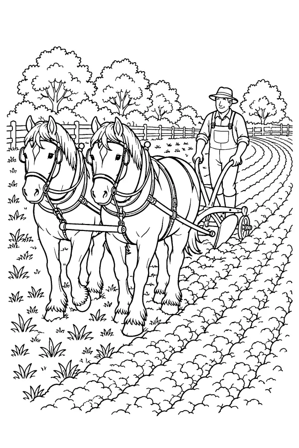 Coloriage cheval de trait à la charrue dans le champ