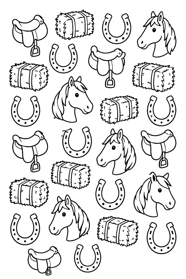 Coloriage d’un motif cheval, selles et fers à cheval