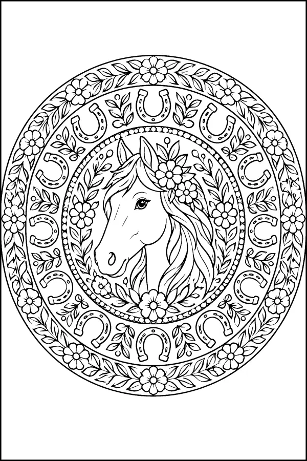 Coloriage détaillé d’un mandala avec tête de cheval
