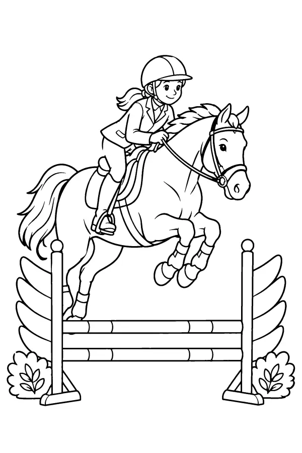Dessin à colorier d’un cheval et cavalier au saut
