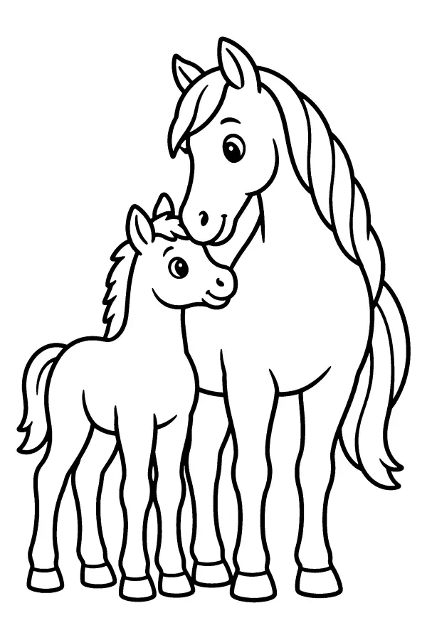 Coloriage d’une jument debout avec son poulain