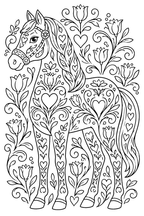 Coloriage détaillé d’un cheval aux motifs floraux nordiques