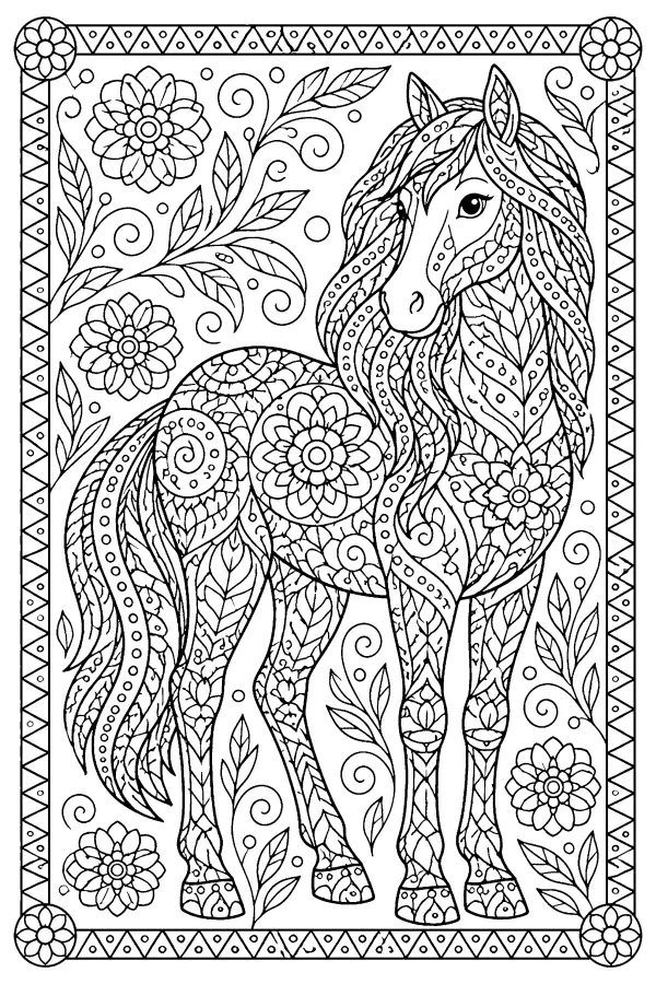 Dessin à colorier d’un cheval à motifs dans un cadre floral