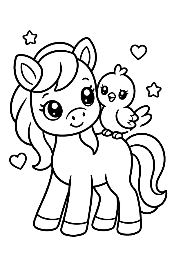 Coloriage d’un poney avec un oiseau sur le dos