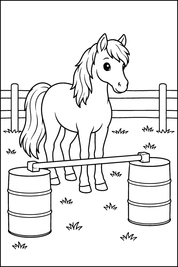 Coloriage d’un poney près d’un obstacle d’entraînement
