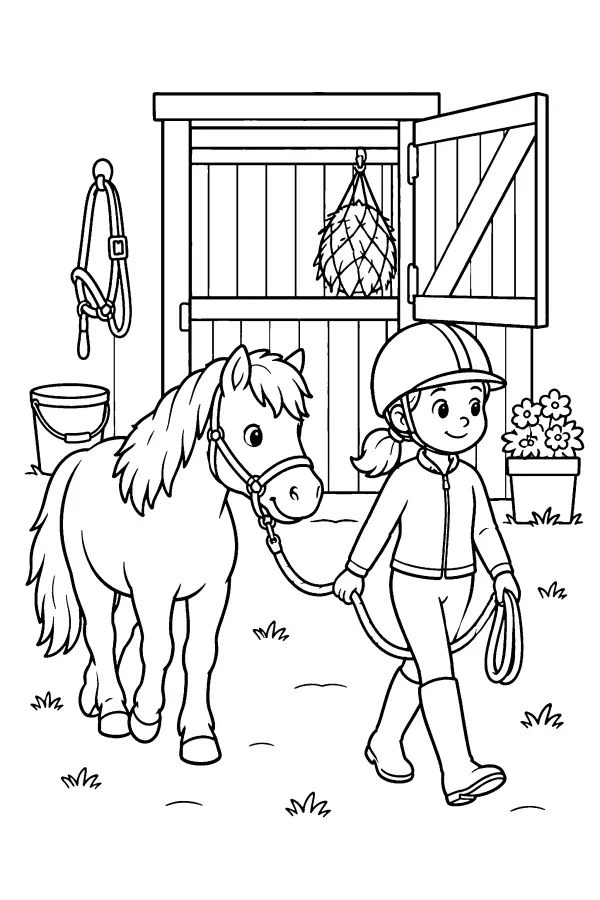 Coloriage d’un enfant menant un poney à l’écurie