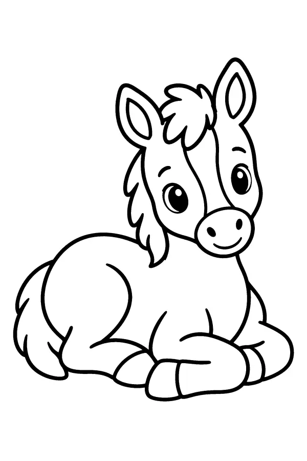 Coloriage facile d’un poulain couché au repos