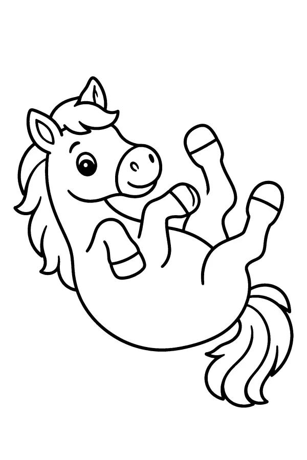 Coloriage d’un cheval roulé sur le dos, jambes en l’air