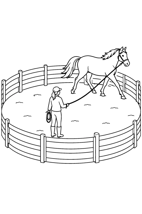 Coloriage d’un cheval au travail en rond de longe