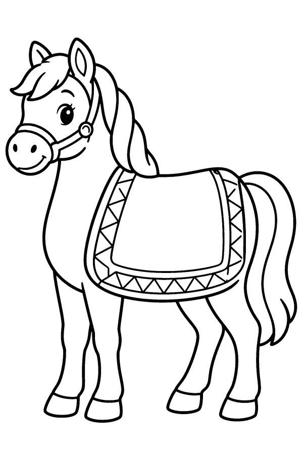 Dessin à colorier d’un cheval sellé de profil