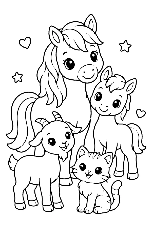 Coloriage facile d’animaux amis à l’écurie