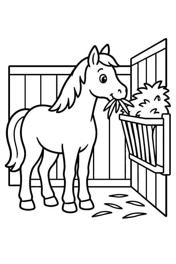 Coloriage facile d’un cheval mangeant du foin au box