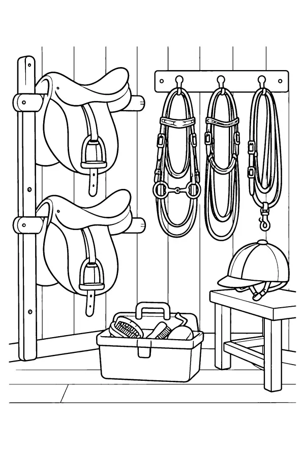 Coloriage d’une sellerie avec selles et brides