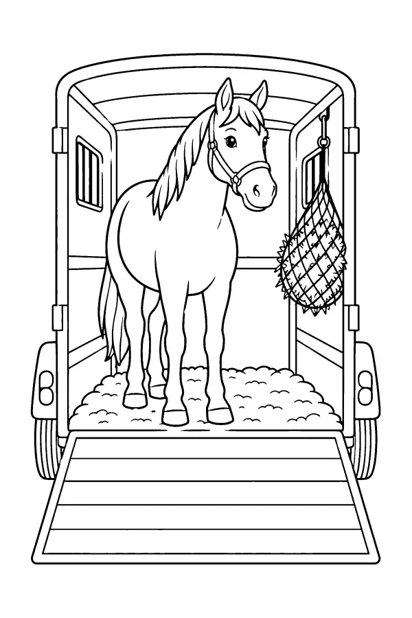 Dessin à colorier d’un cheval dans un van de transport