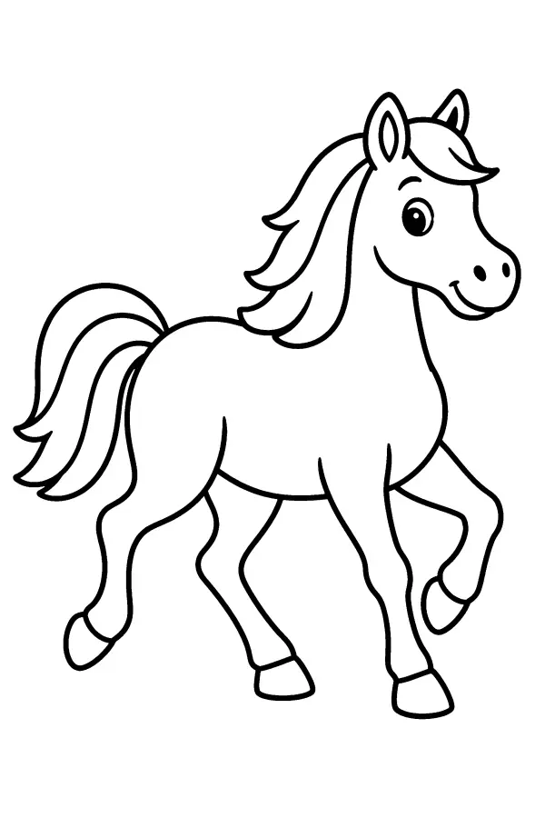 Coloriage d’un cheval au trot, crinière au vent