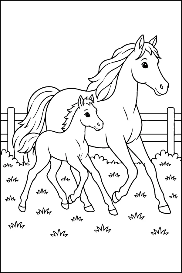 Coloriage d’une jument et d’un poulain au trot
