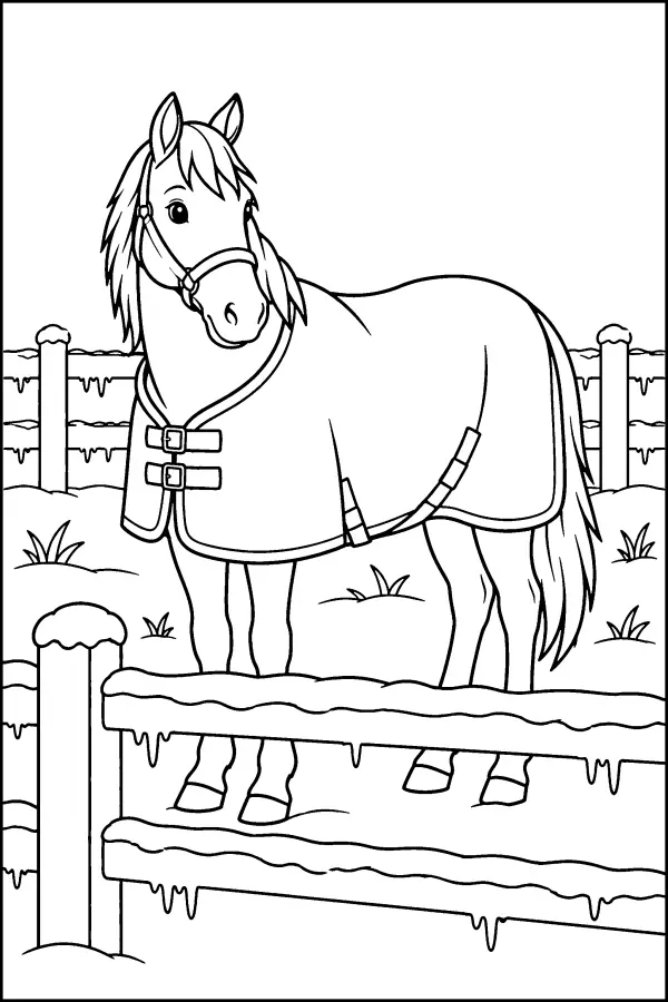 Coloriage d’un cheval dans un paddock en hiver
