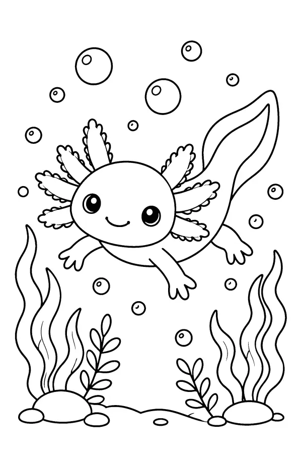 Dessin à colorier d’un axolotl kawaii pour enfants