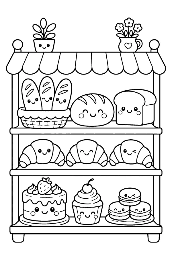 Dessin à colorier kawaii de boulangerie pour enfants