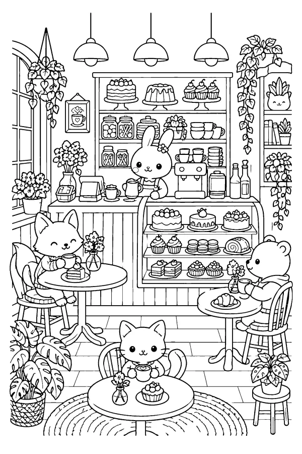 Dessin à colorier détaillé kawaii d’un café d’animaux