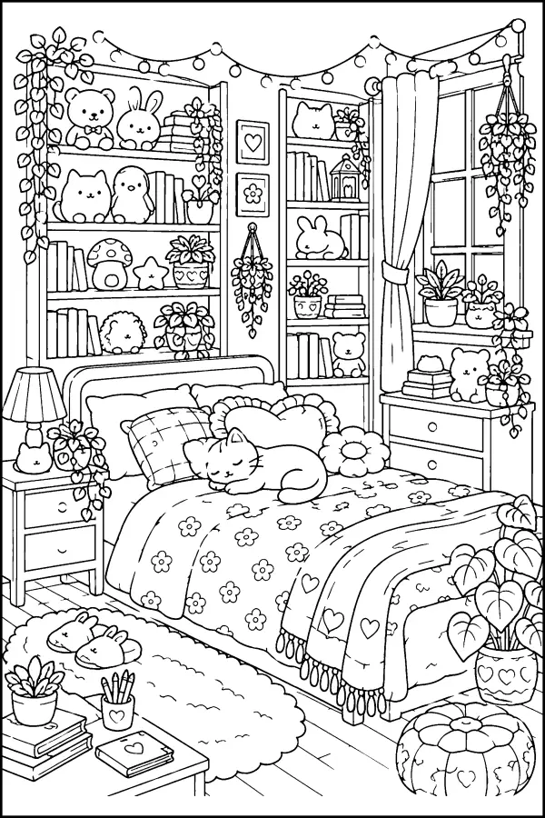 Dessin à colorier détaillé kawaii d’une chambre