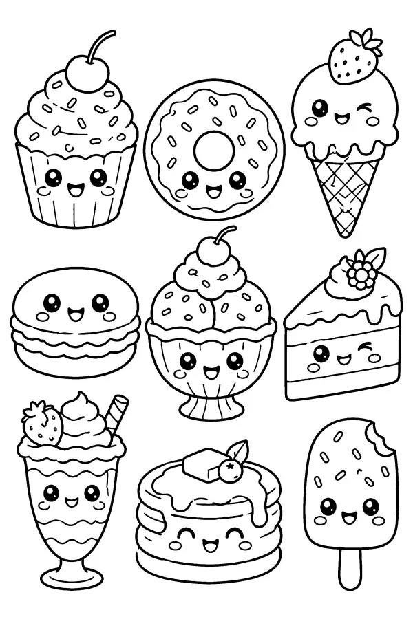 Dessin à colorier kawaii de desserts pour enfants