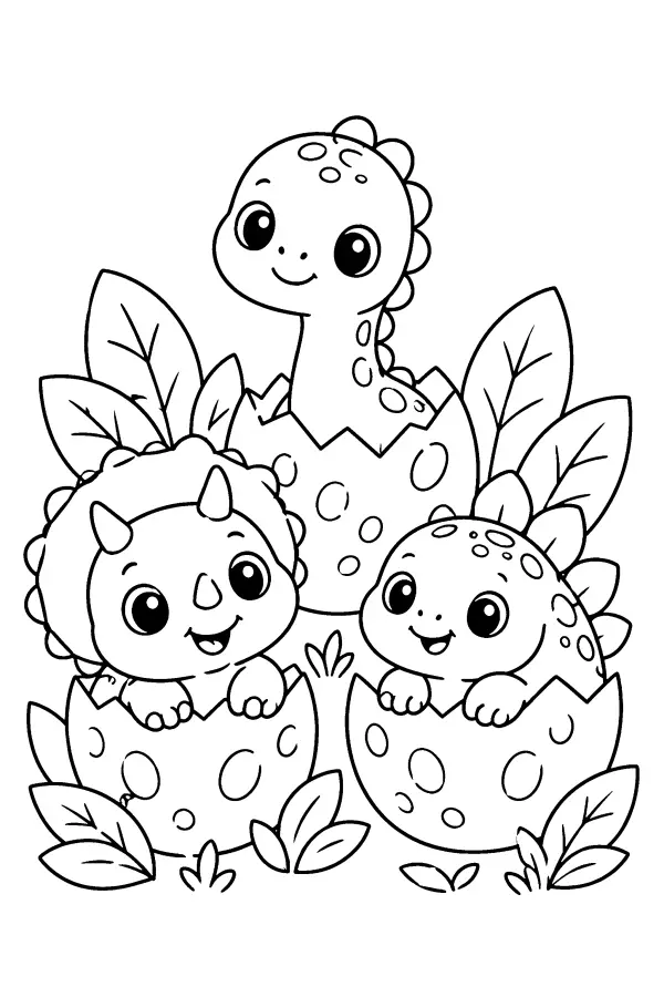Dessin à colorier kawaii de bébés dinosaures