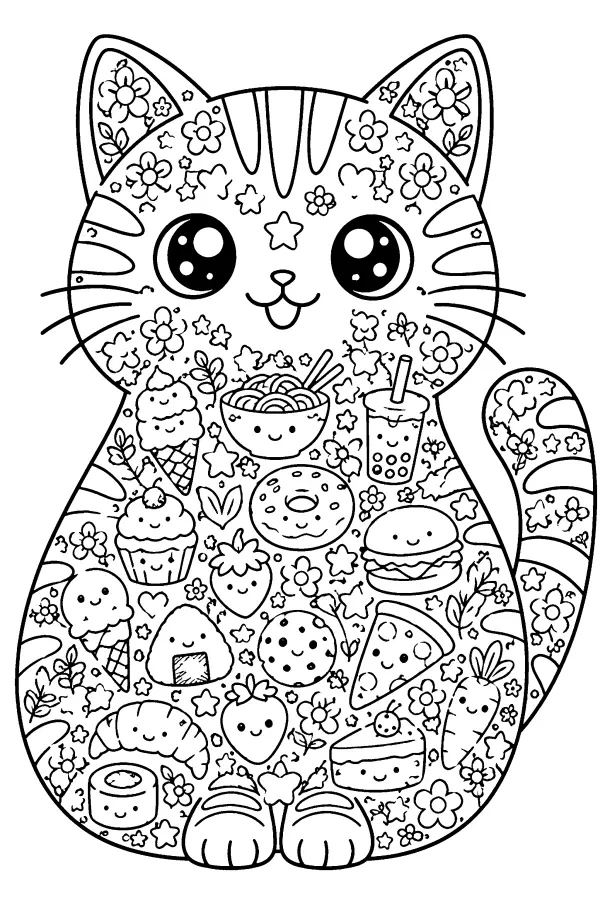 Coloriage détaillé kawaii d’un chat gourmand