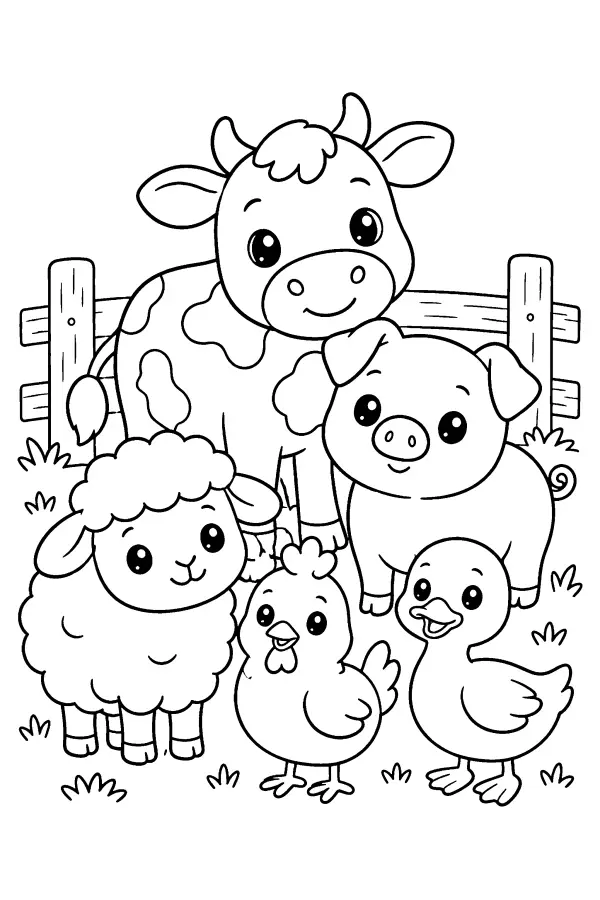Dessin à colorier kawaii d’animaux de la ferme