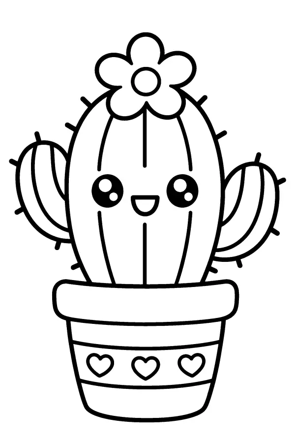Coloriage d’un cactus kawaii fleuri dans son pot