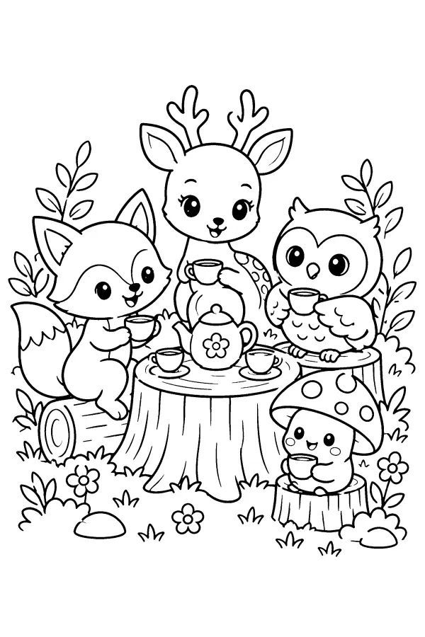 Dessin à colorier kawaii d’un goûter en forêt