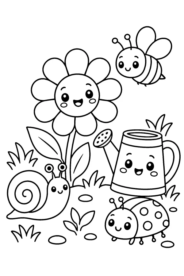 Dessin à colorier kawaii d’amis du jardin