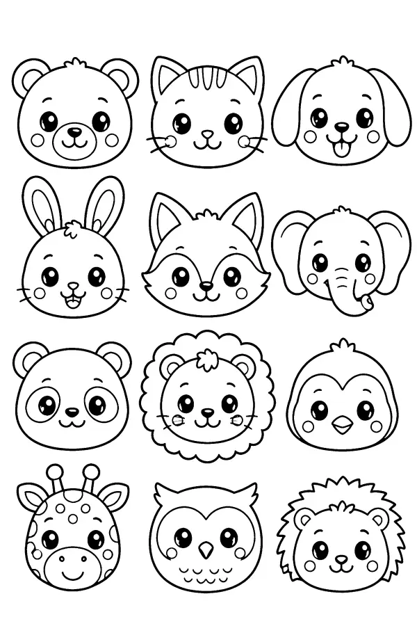 Dessin à colorier kawaii de visages d’animaux