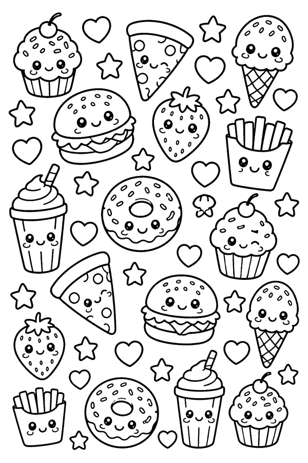 Dessin à colorier motif kawaii d’aliments