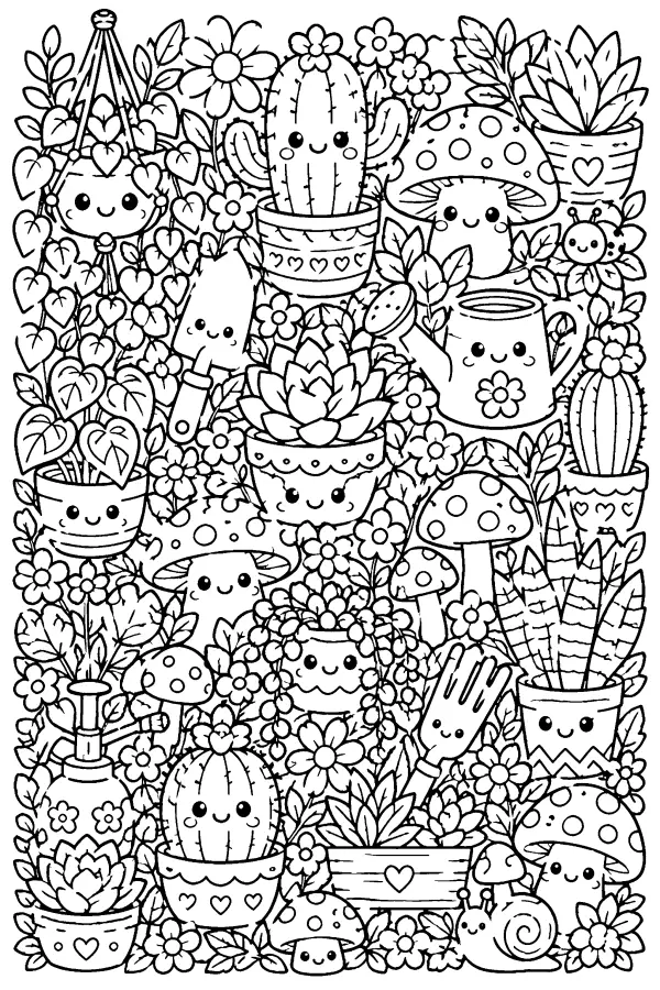 Dessin à colorier détaillé kawaii d’un jardin