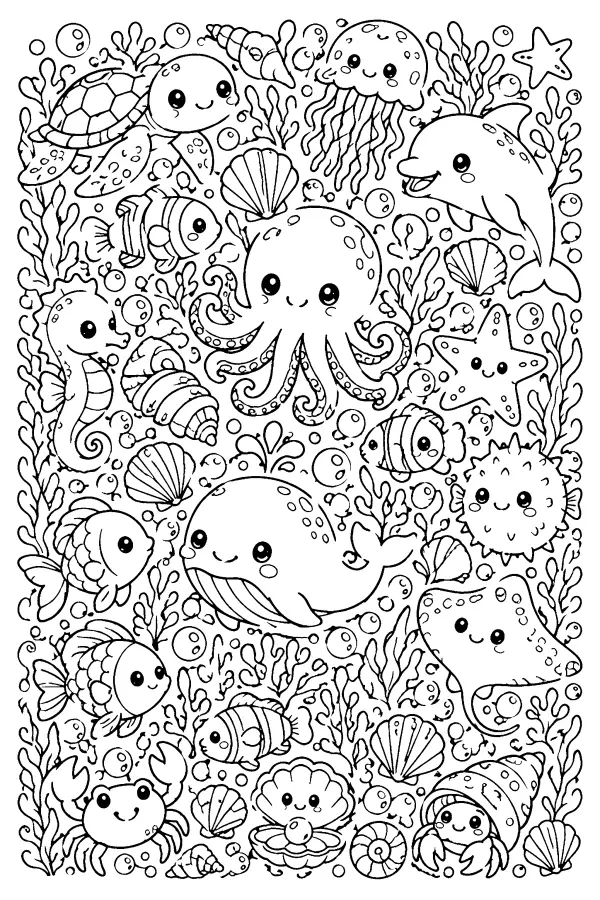 Dessin à colorier détaillé kawaii sous la mer