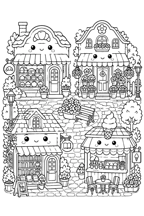 Coloriage détaillé kawaii d’une rue de boutiques