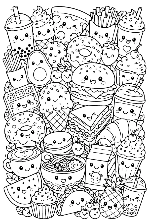 Dessin à colorier détaillé kawaii de snacks