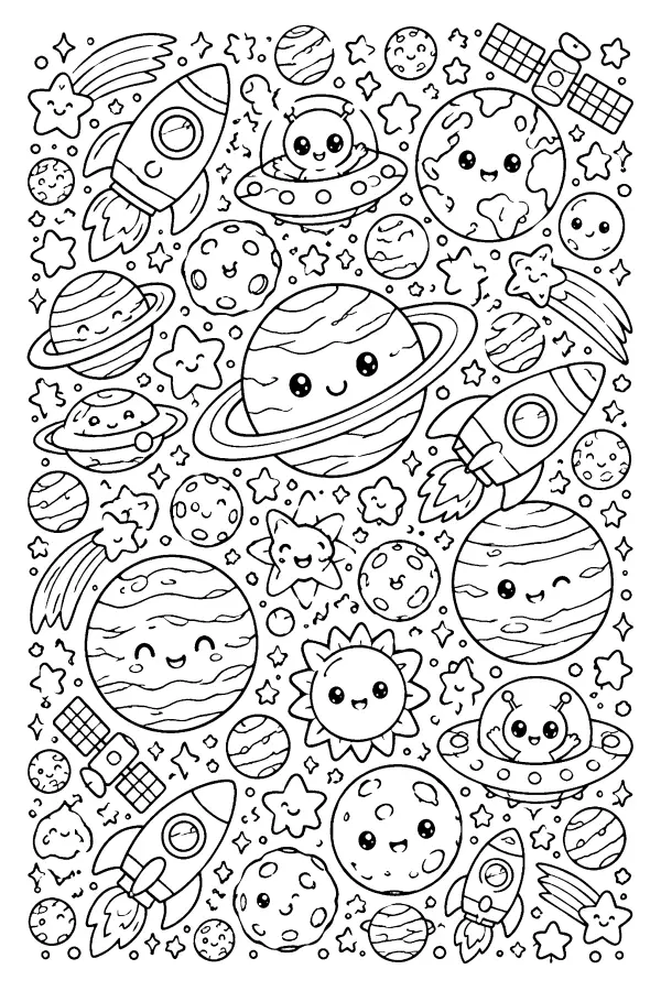 Dessin à colorier détaillé kawaii espace