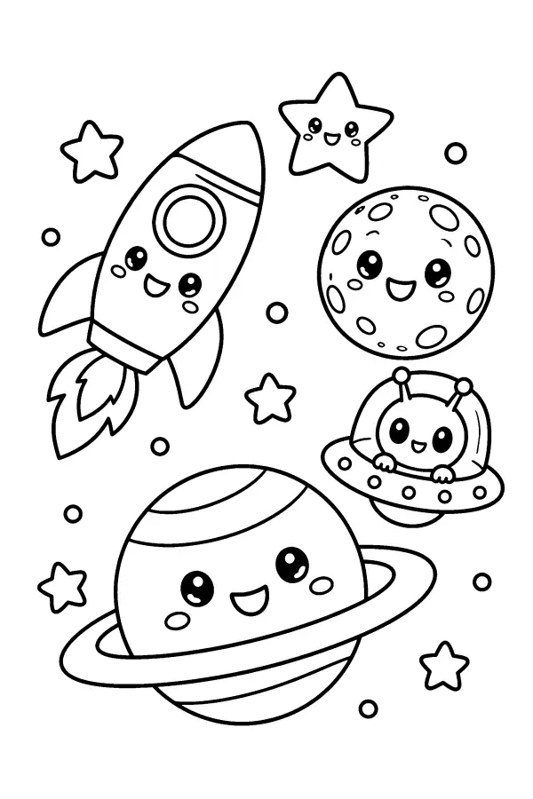 Dessin à colorier kawaii d’amis dans l’espace