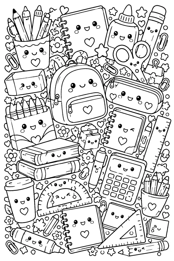 Dessin à colorier détaillé kawaii de papeterie
