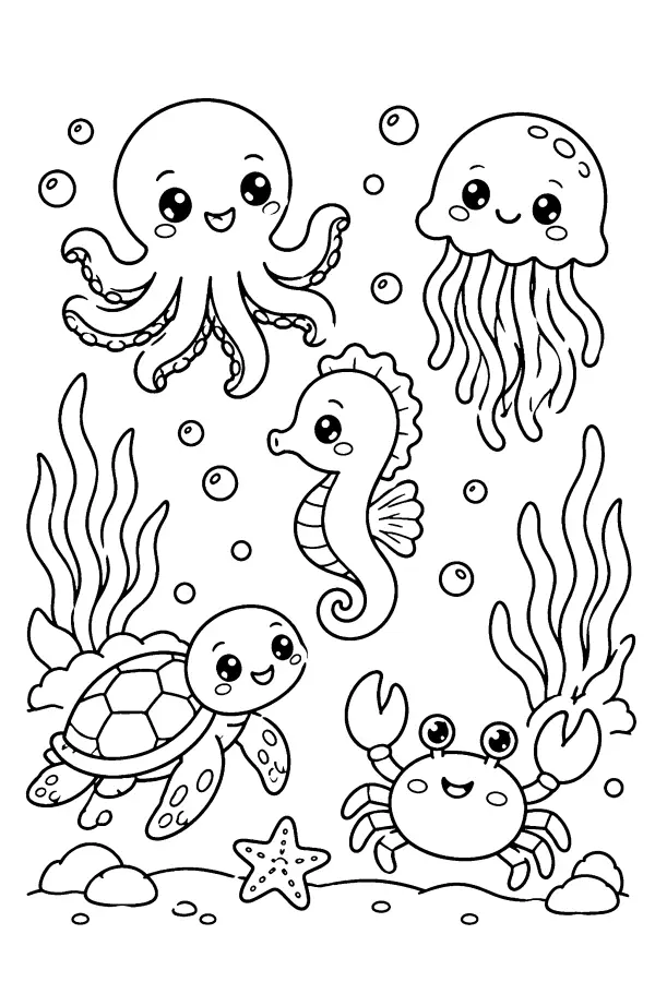 Dessin à colorier kawaii d’animaux marins