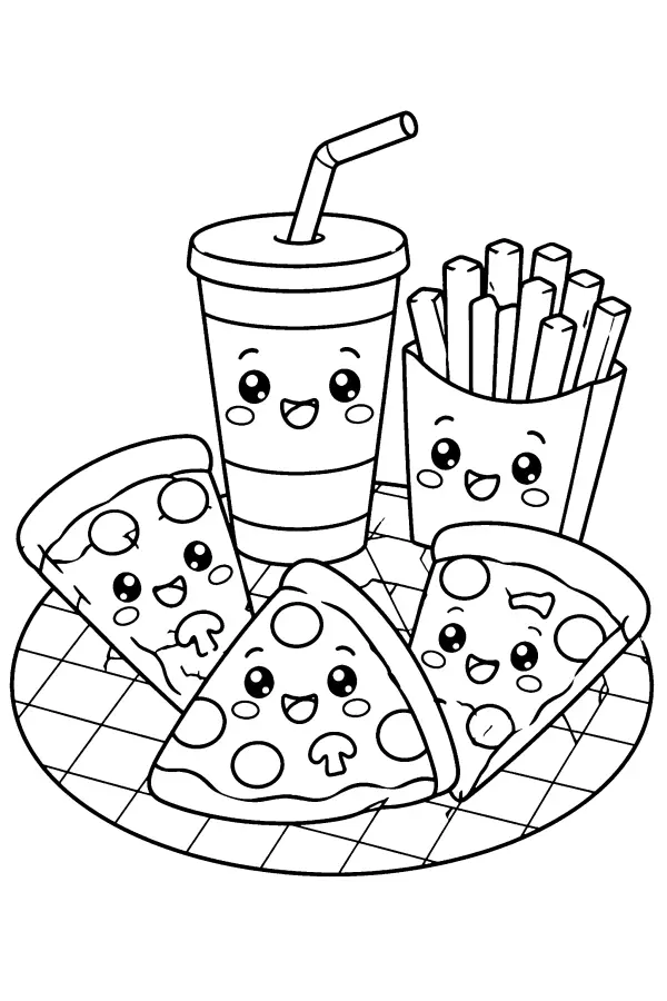 Dessin à colorier kawaii de pizza pour enfants