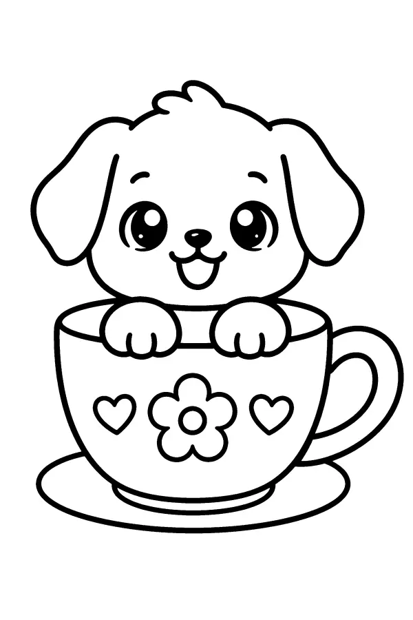 Coloriage d’un chiot kawaii dans une tasse