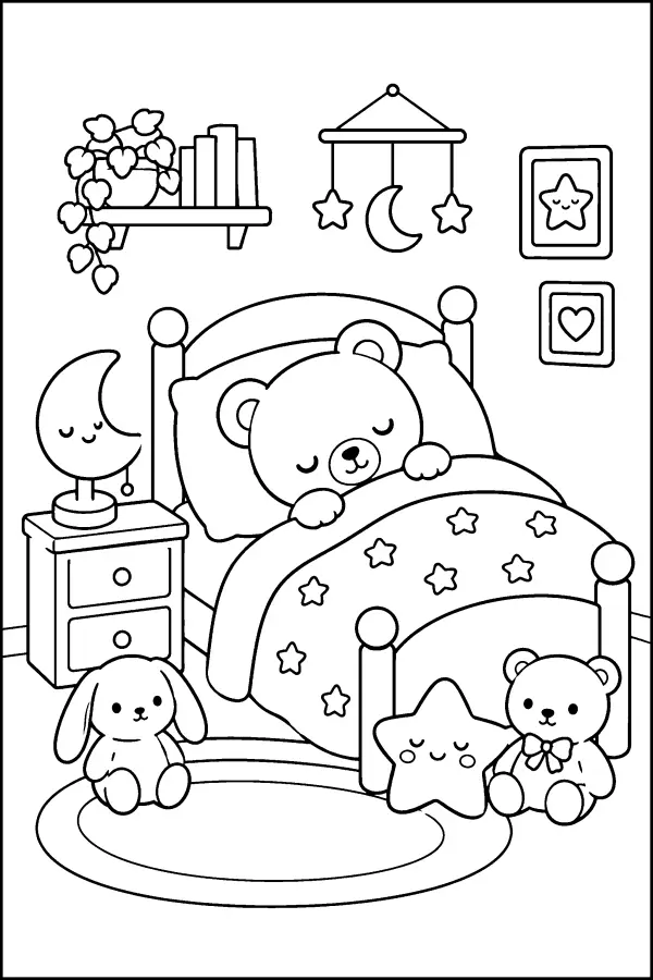 Dessin à colorier kawaii d’un ours qui dort